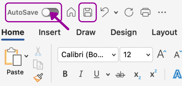 Zoom in on the AutoSave and save options on the top left of a blank Microsoft word document. Both of the two options are surrounded by magenta boxes to help identify them.