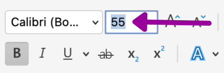 The font formatting section on the ribbon menu is zoomed in on. A magenta arrow is pointing to the option to change the size of the font on the document to 55.