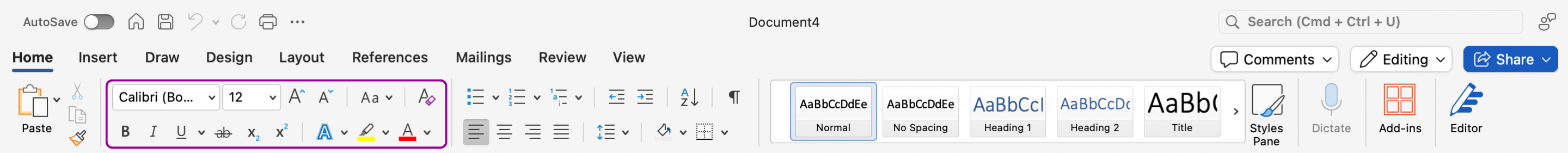 The ribbon menu on a Microsoft Word document is zoomed in on. There is an magenta box that is highlighting the different formatting options for fonts.